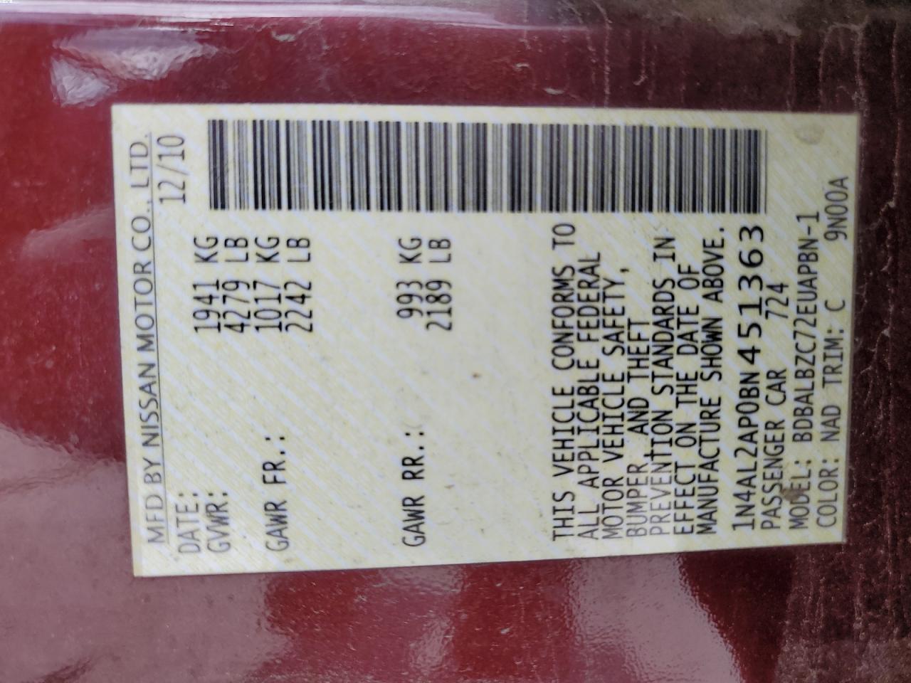 2011 Nissan Altima Base VIN: 1N4AL2AP0BN451363 Lot: 85513885