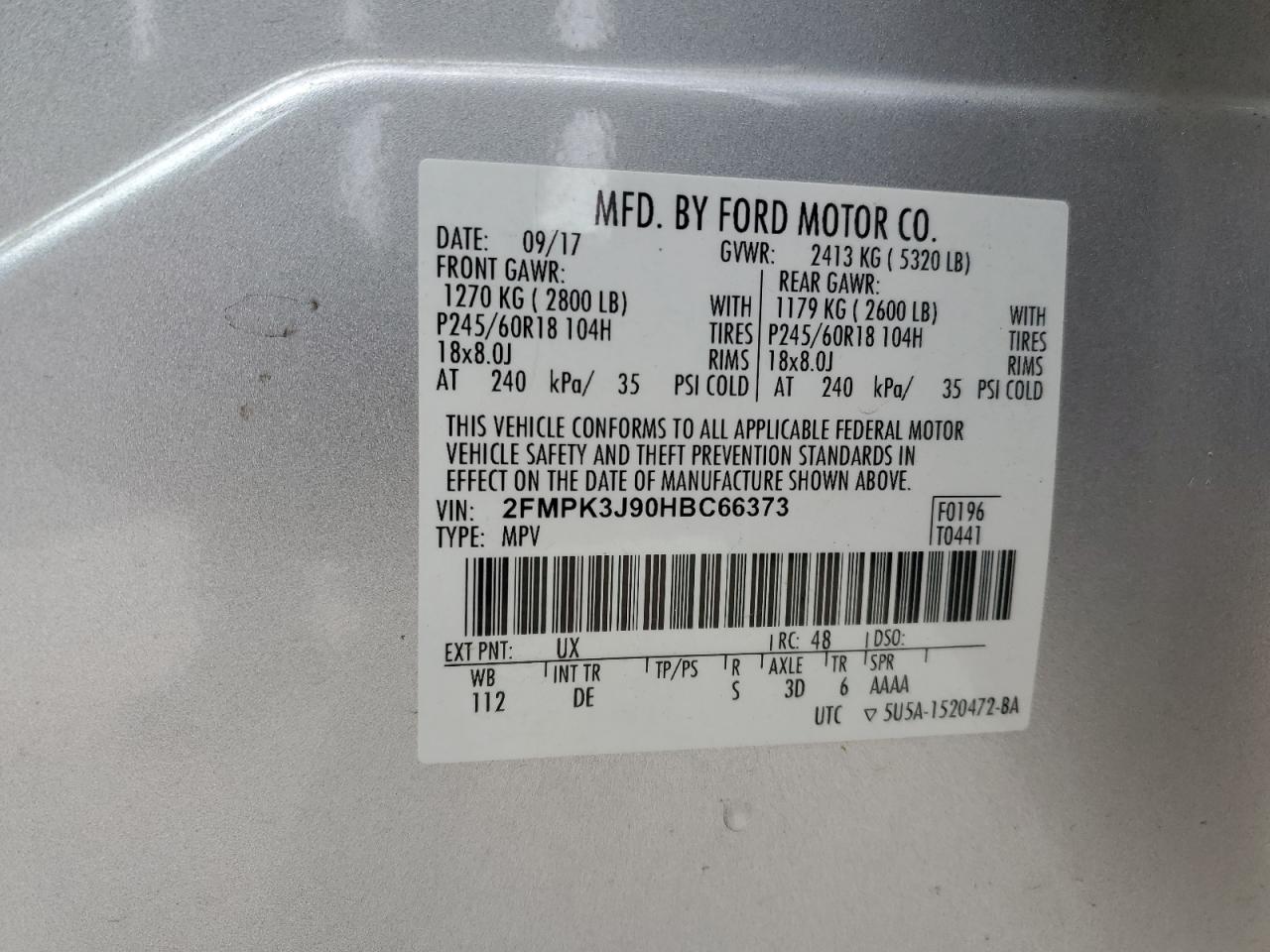 2017 Ford Edge Sel VIN: 2FMPK3J90HBC66373 Lot: 86118535