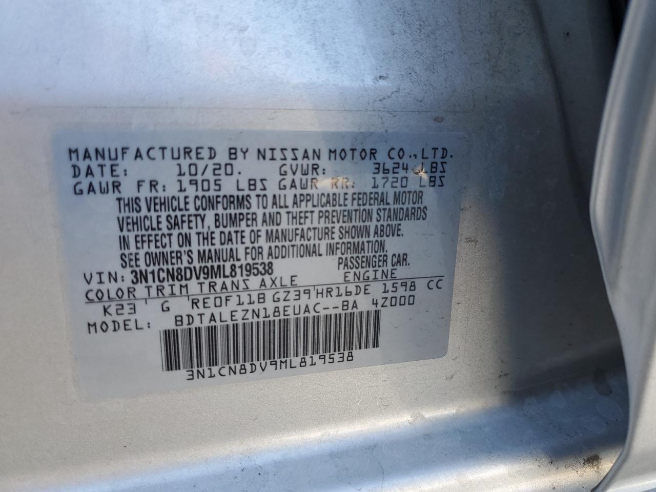 2021 Nissan Versa S VIN: 3N1CN8DV9ML819538 Lot: 85652795