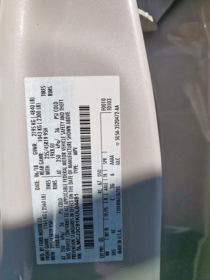 2019 Lincoln Mkc Reserve VIN: 5LMCJ3C91KUL04481 Lot: 87064905