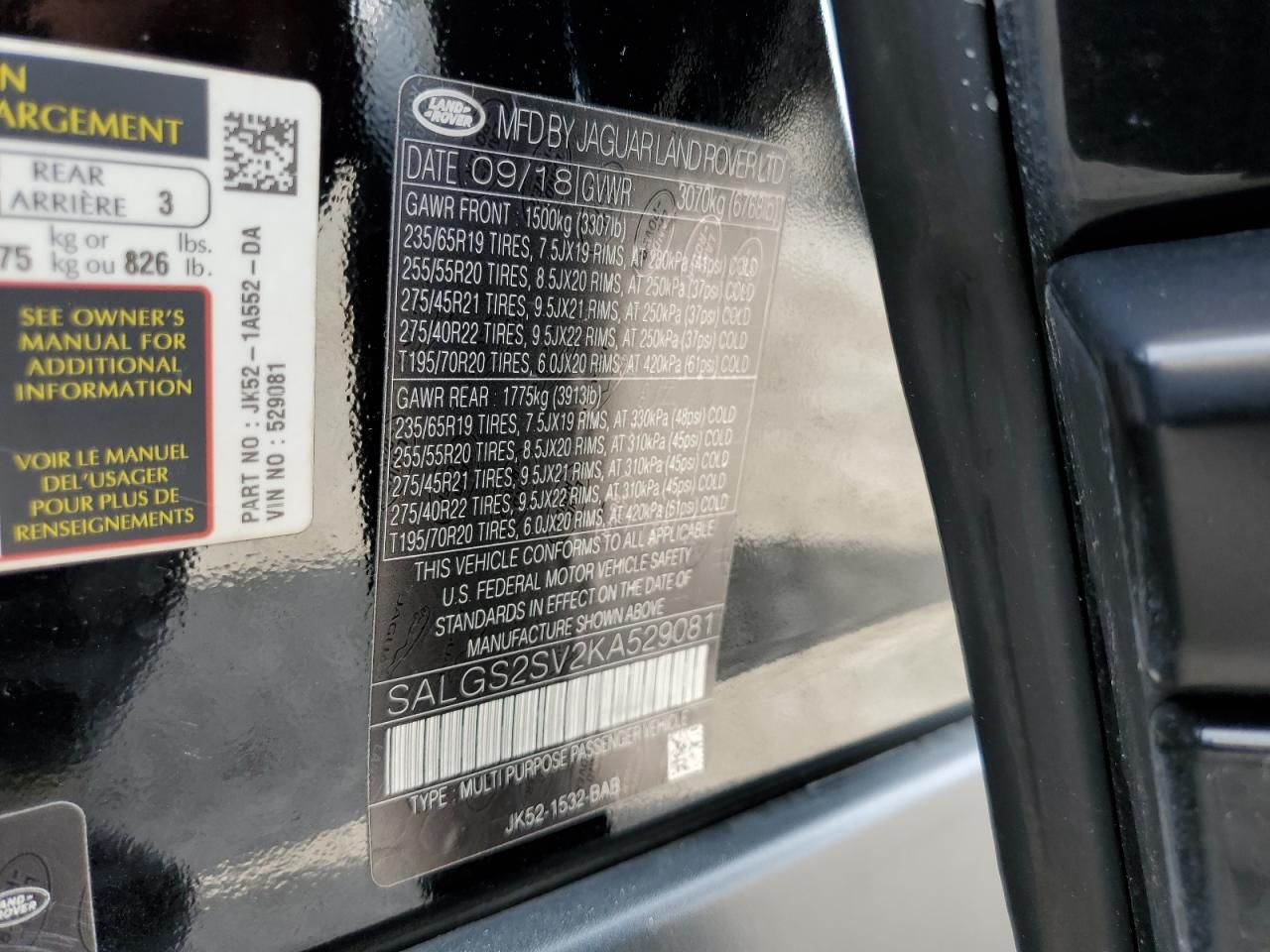 2019 Land Rover Range Rover Hse VIN: SALGS2SV2KA529081 Lot: 82394905