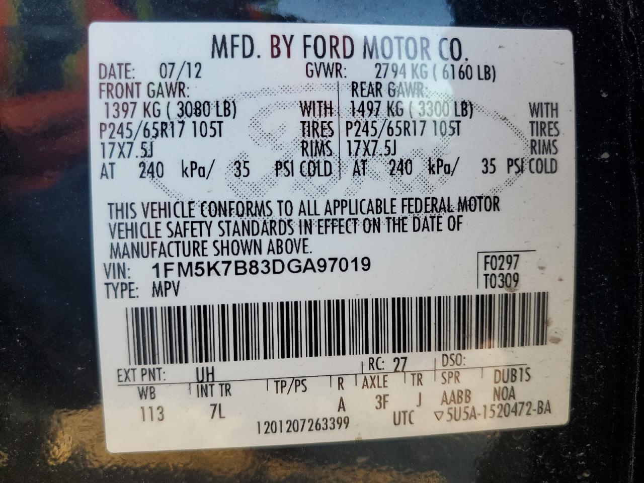 2013 Ford Explorer VIN: 1FM5K7B83DGA97019 Lot: 85167935