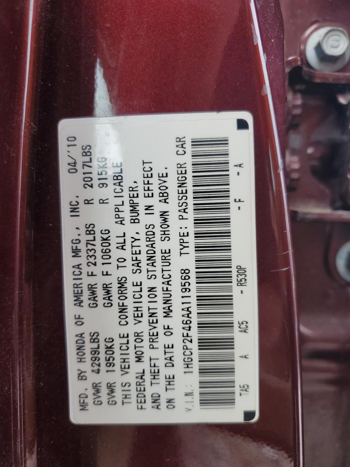 2010 Honda Accord Lxp VIN: 1HGCP2F46AA119568 Lot: 81959975