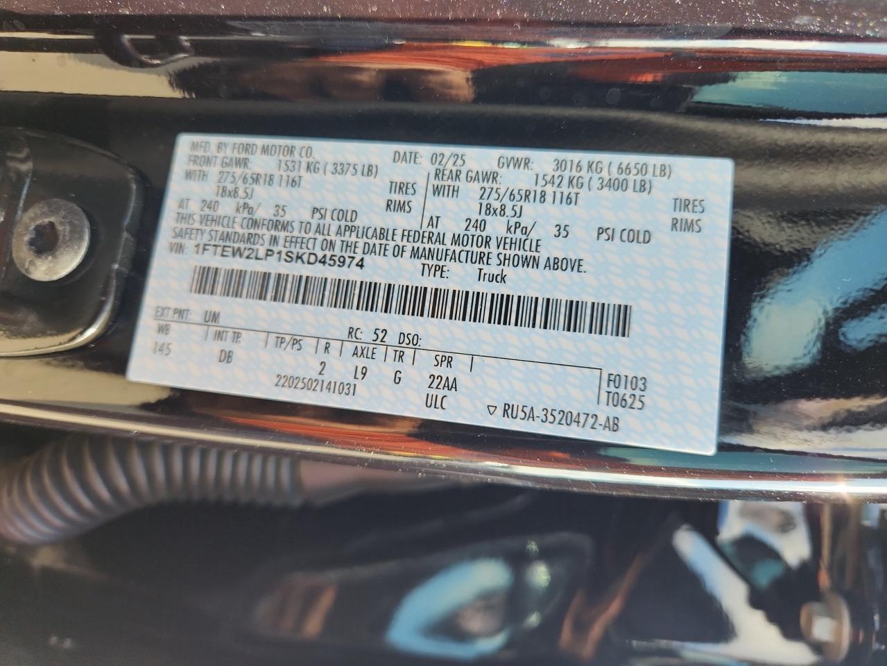 2025 Ford F150 Stx VIN: 1FTEW2LP1SKD45974 Lot: 90296035