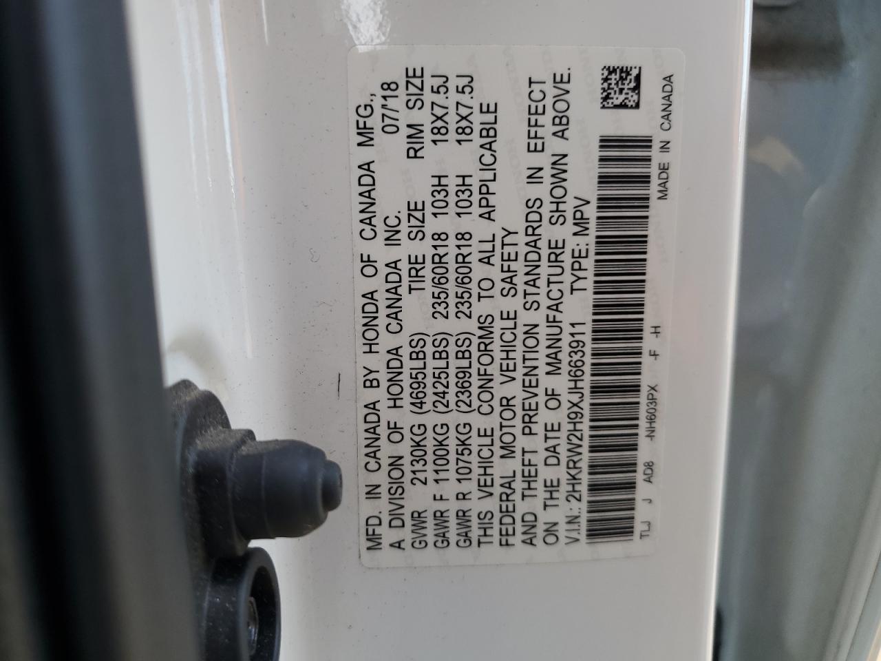 2018 Honda Cr-V Touring VIN: 2HKRW2H9XJH663911 Lot: 86304925