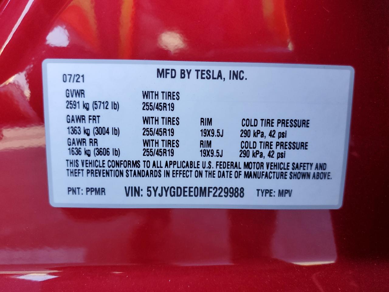 2021 Tesla Model Y VIN: 5YJYGDEE0MF229988 Lot: 85198705