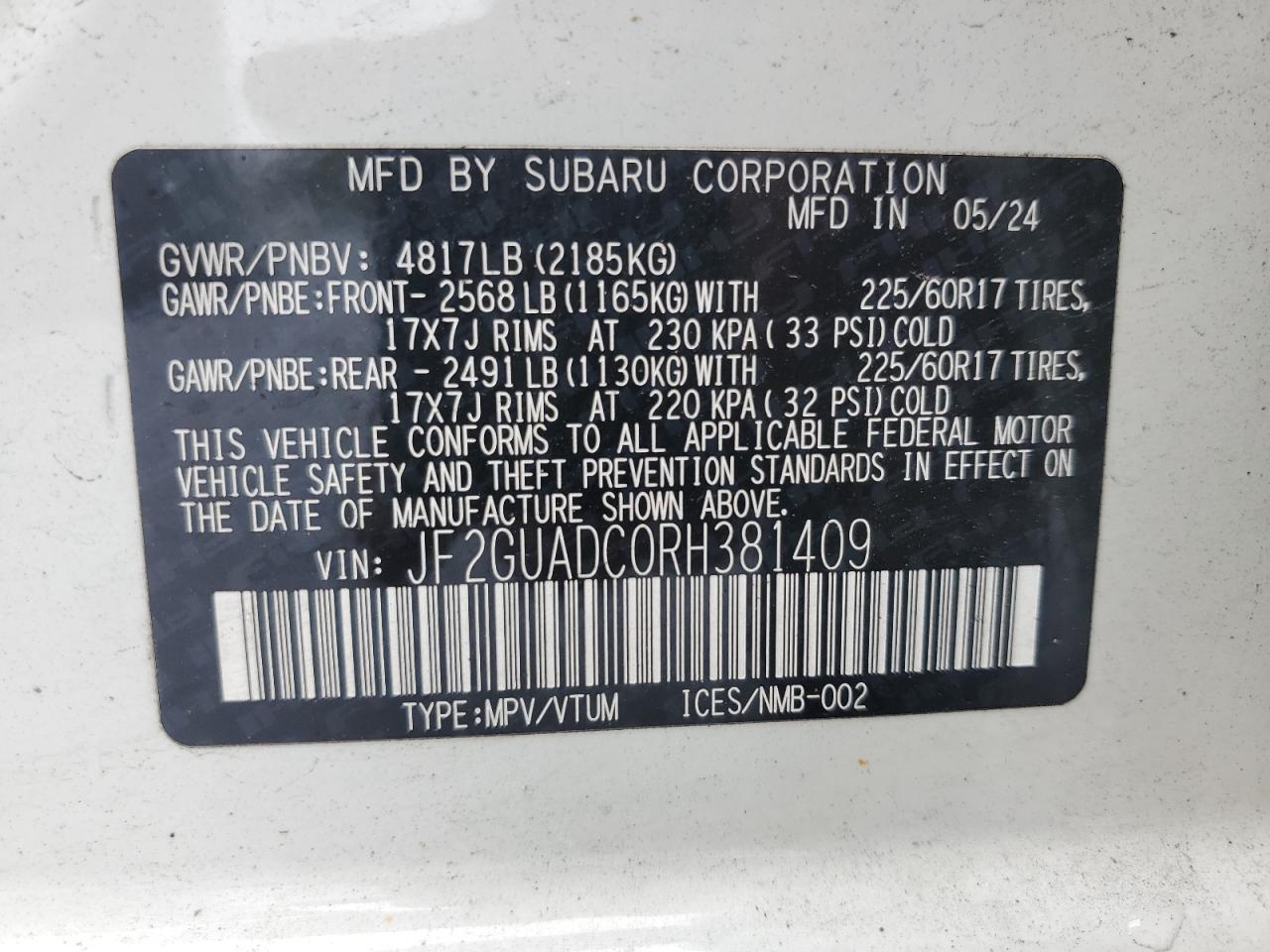 2024 Subaru Crosstrek Premium VIN: JF2GUADC0RH381409 Lot: 86294185