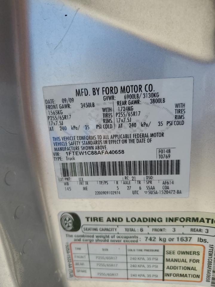 2010 Ford F150 Supercrew VIN: 1FTEW1C88AFA40658 Lot: 84872065