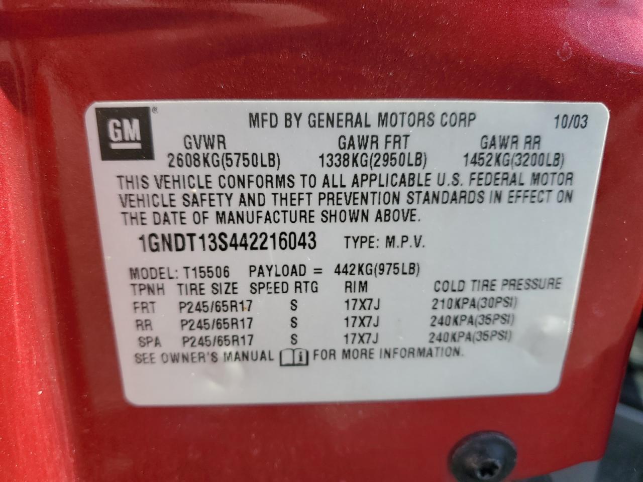 2004 Chevrolet Trailblazer Ls VIN: 1GNDT13S442216043 Lot: 86471485