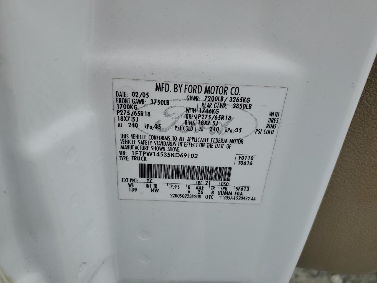 2005 Ford F150 Supercrew VIN: 1FTPW14535KD69102 Lot: 84945235