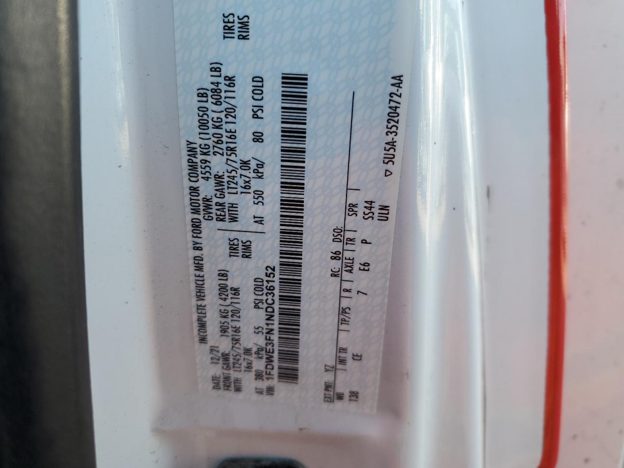 2022 Ford Econoline E350 Super Duty Cutaway Van VIN: 1FDWE3FN1NDC36152 Lot: 85486395