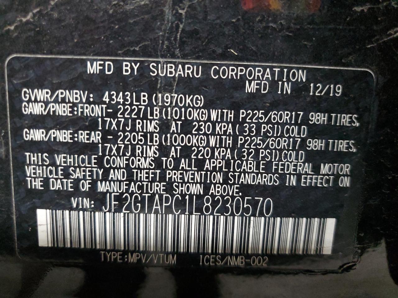 2020 Subaru Crosstrek Premium VIN: JF2GTAPC1L8230570 Lot: 87196965