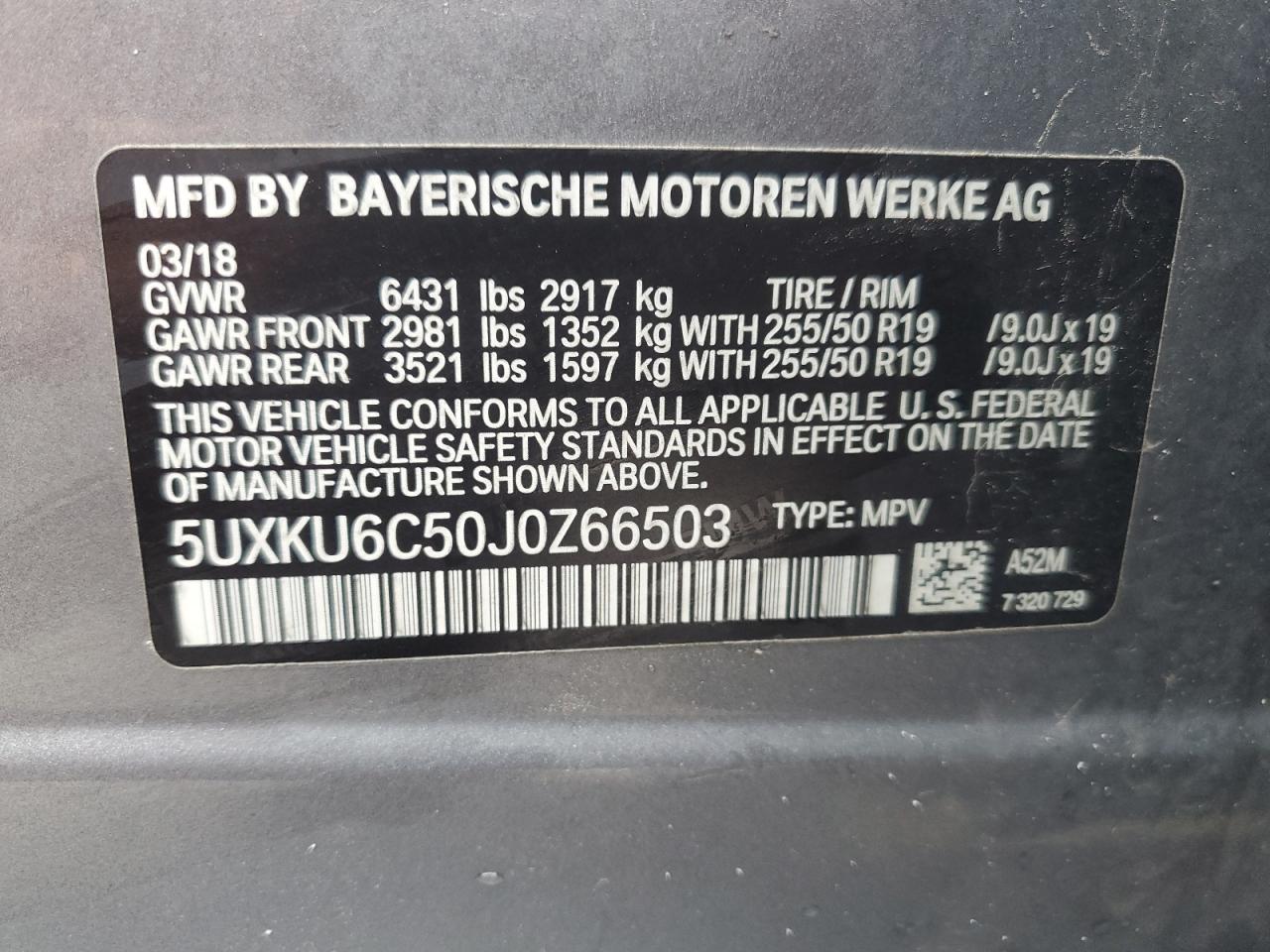 2018 BMW X6 xDrive50I VIN: 5UXKU6C50J0Z66503 Lot: 86479685