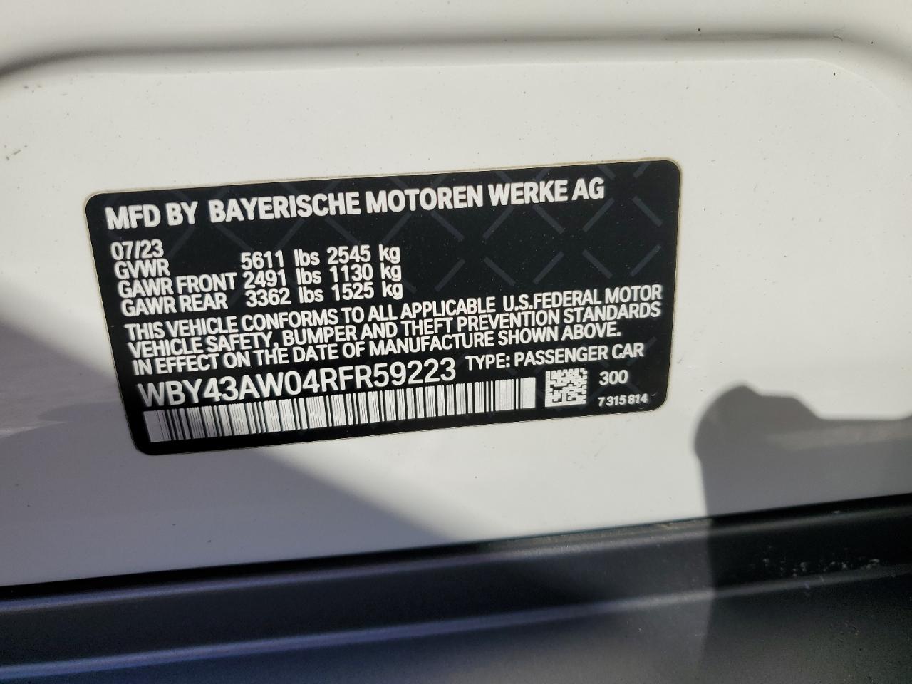 2024 BMW I4 Edrive 35 VIN: WBY43AW04RFR59223 Lot: 87245725