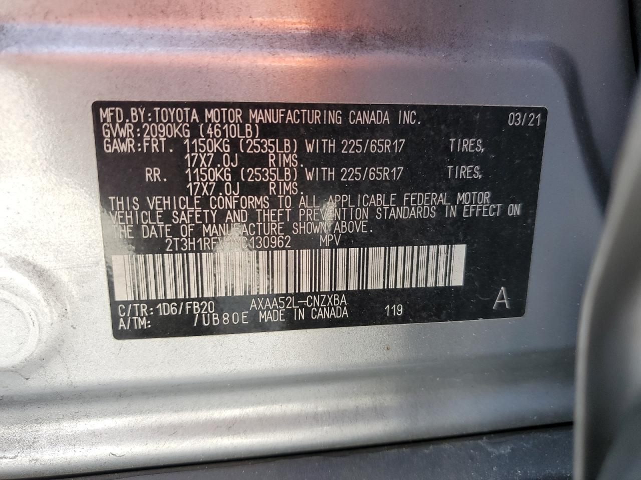 2021 Toyota Rav4 Le VIN: 2T3H1RFV1MC130962 Lot: 90244875