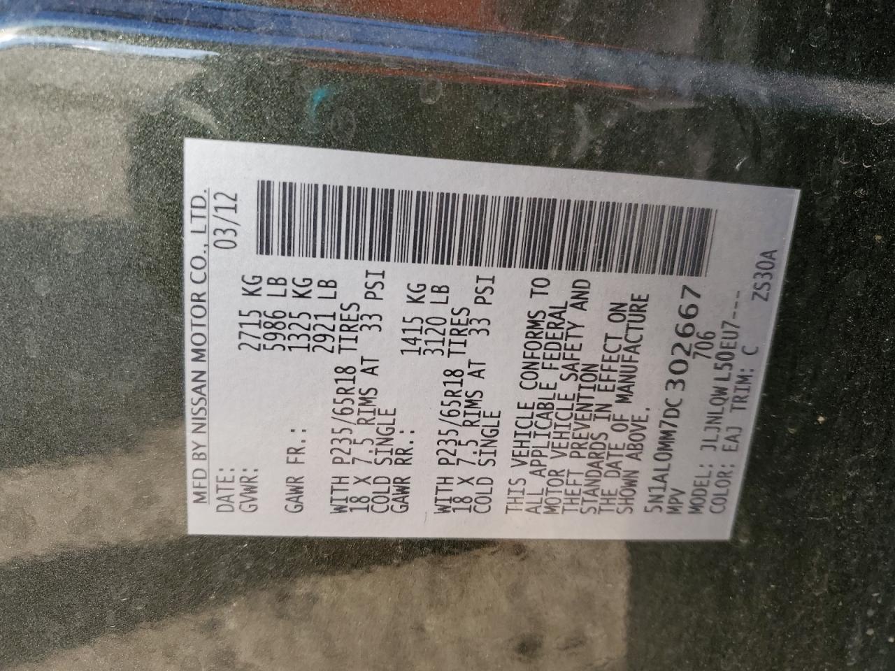 2013 Infiniti Jx35 VIN: 5N1AL0MM7DC302667 Lot: 82384685