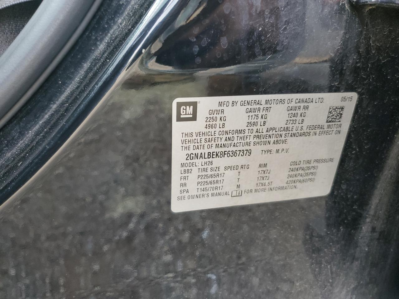 2015 Chevrolet Equinox Lt VIN: 2GNALBEK8F6367379 Lot: 81887295