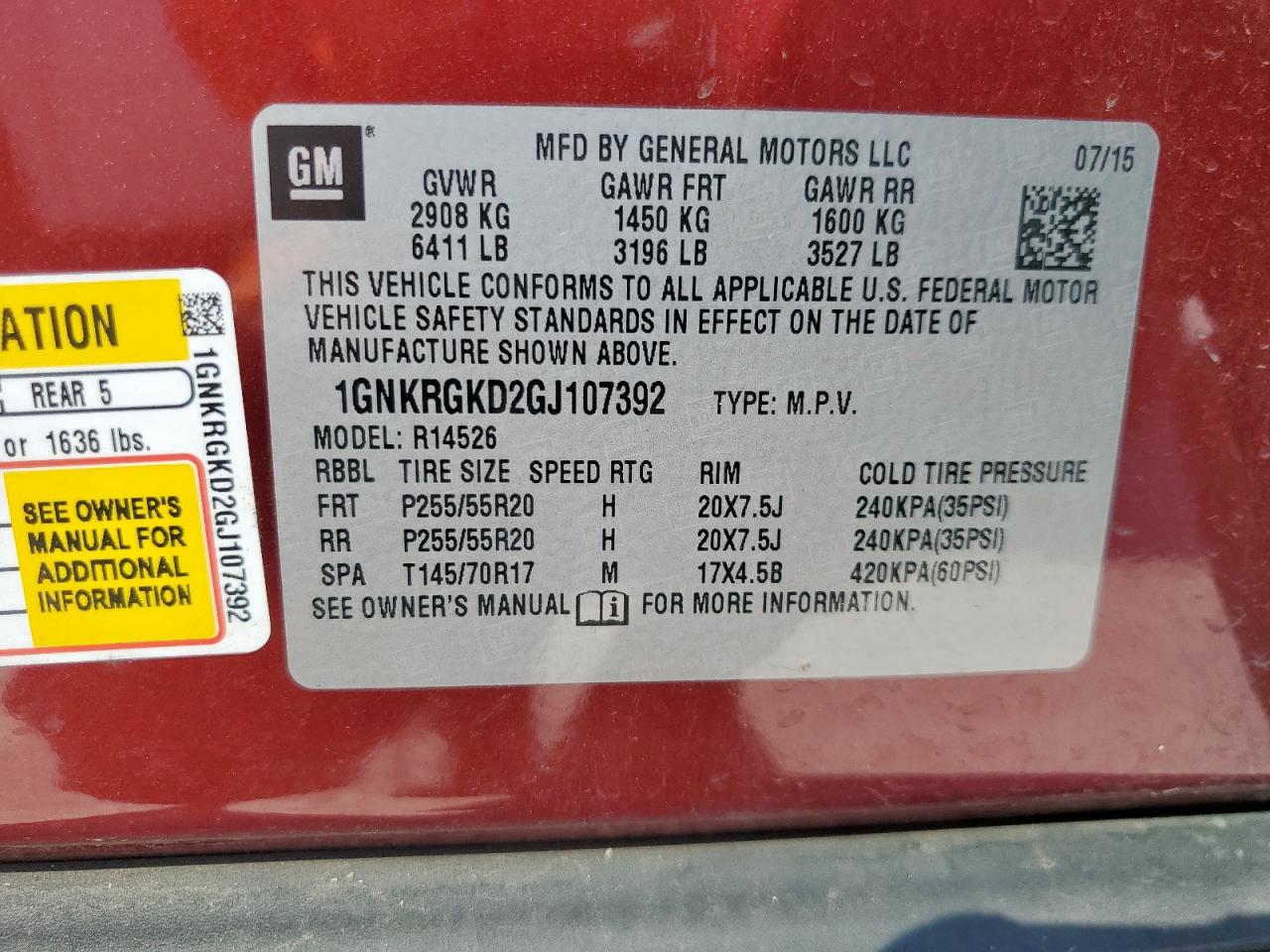 2016 Chevrolet Traverse Lt VIN: 1GNKRGKD2GJ107392 Lot: 82369025