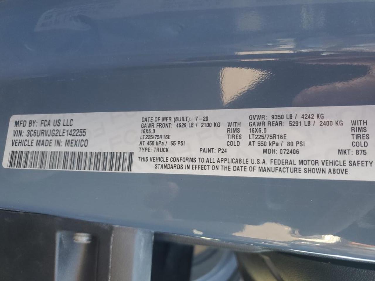 2020 Ram Promaster 3500 Delivery Van VIN: 3C6URVJG2LE142255 Lot: 86990145