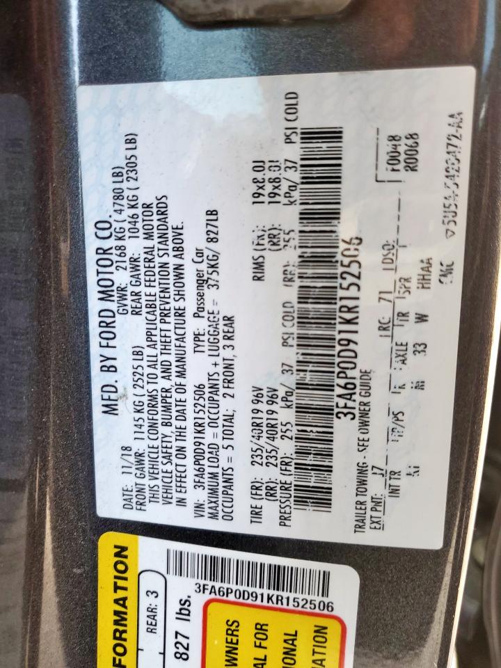 2019 Ford Fusion Titanium VIN: 3FA6P0D91KR152506 Lot: 84752395