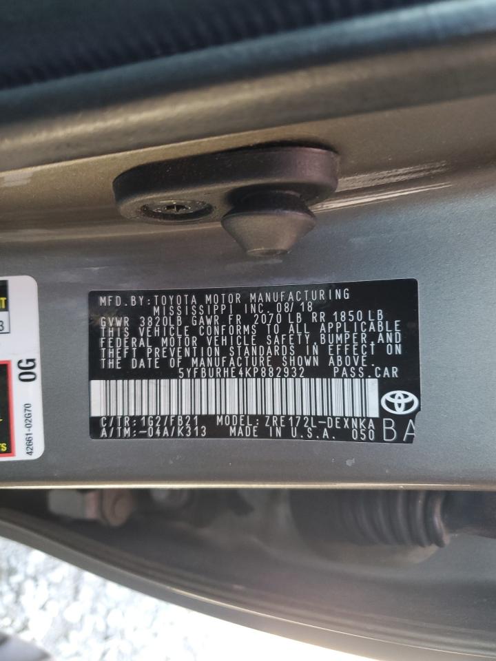 2019 Toyota Corolla L VIN: 5YFBURHE4KP882932 Lot: 85140505