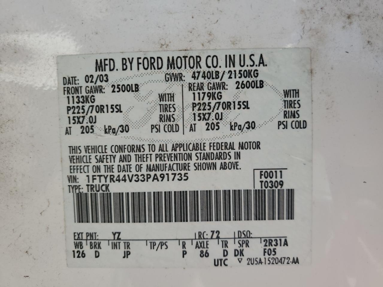 2003 Ford Ranger Super Cab VIN: 1FTYR44V33PA91735 Lot: 86326715