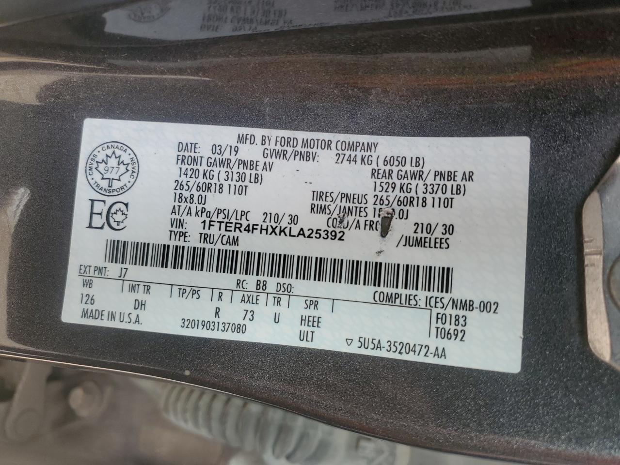 2019 Ford Ranger Xl VIN: 1FTER4FHXKLA25392 Lot: 87049185