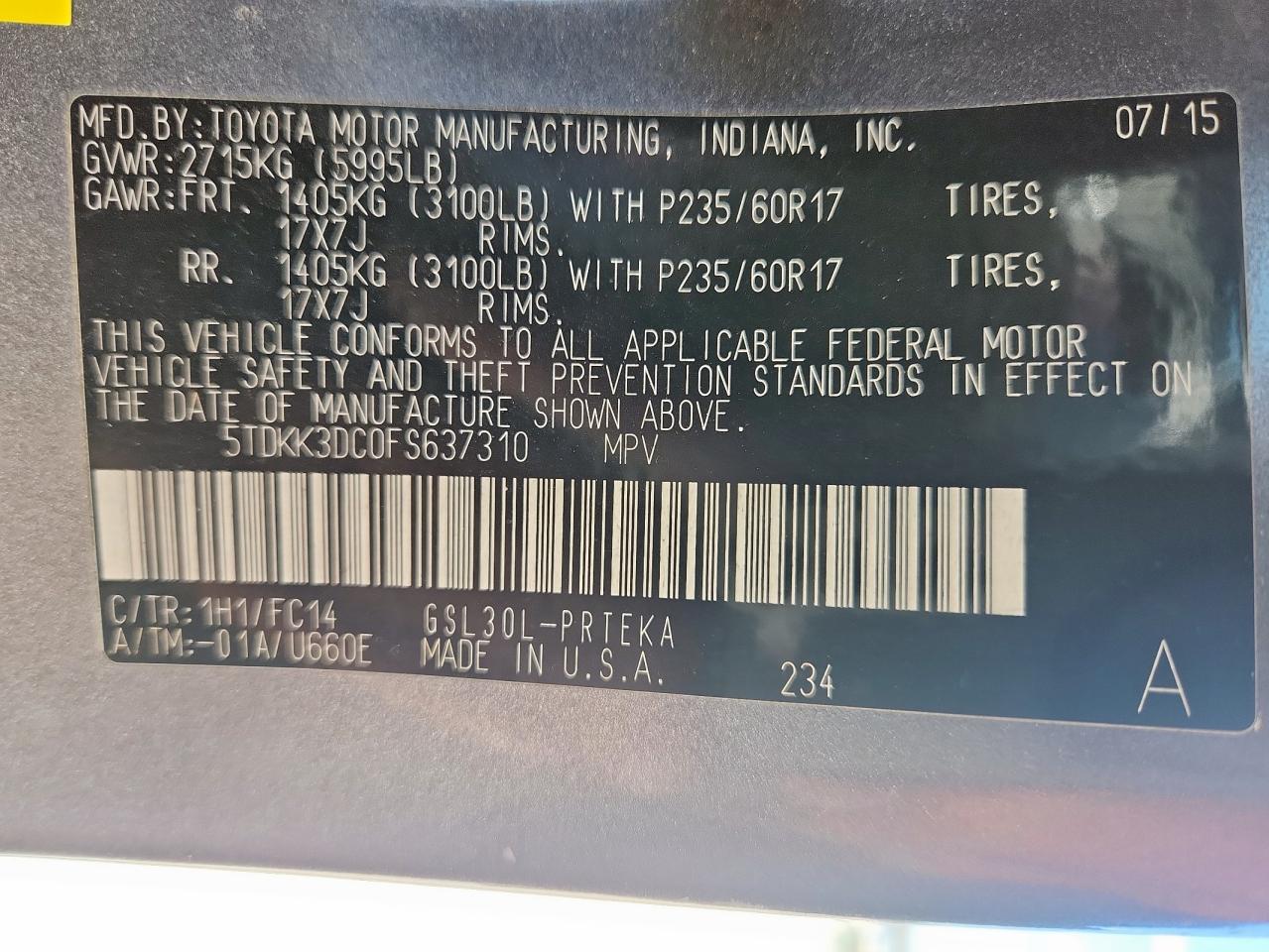 2015 Toyota Sienna Le VIN: 5TDKK3DC0FS637310 Lot: 86512015