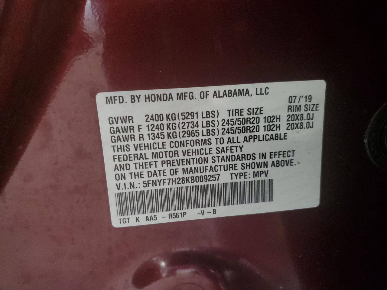 2019 Honda Passport Sport VIN: 5FNYF7H28KB009257 Lot: 85266985