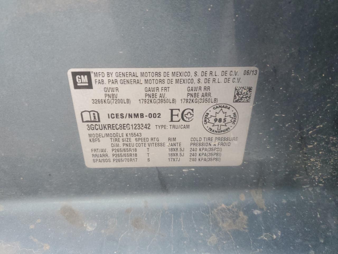 2014 Chevrolet Silverado K1500 Lt VIN: 3GCUKREC8EG123342 Lot: 85854295