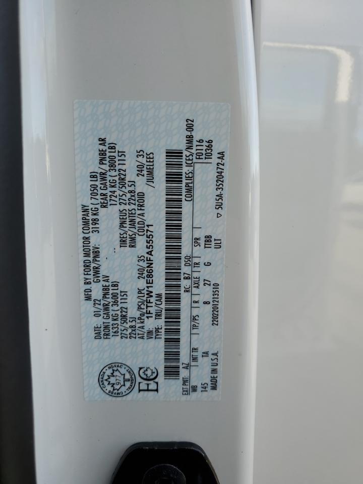 2022 Ford F150 Supercrew VIN: 1FTFW1E86NFA55571 Lot: 84780345