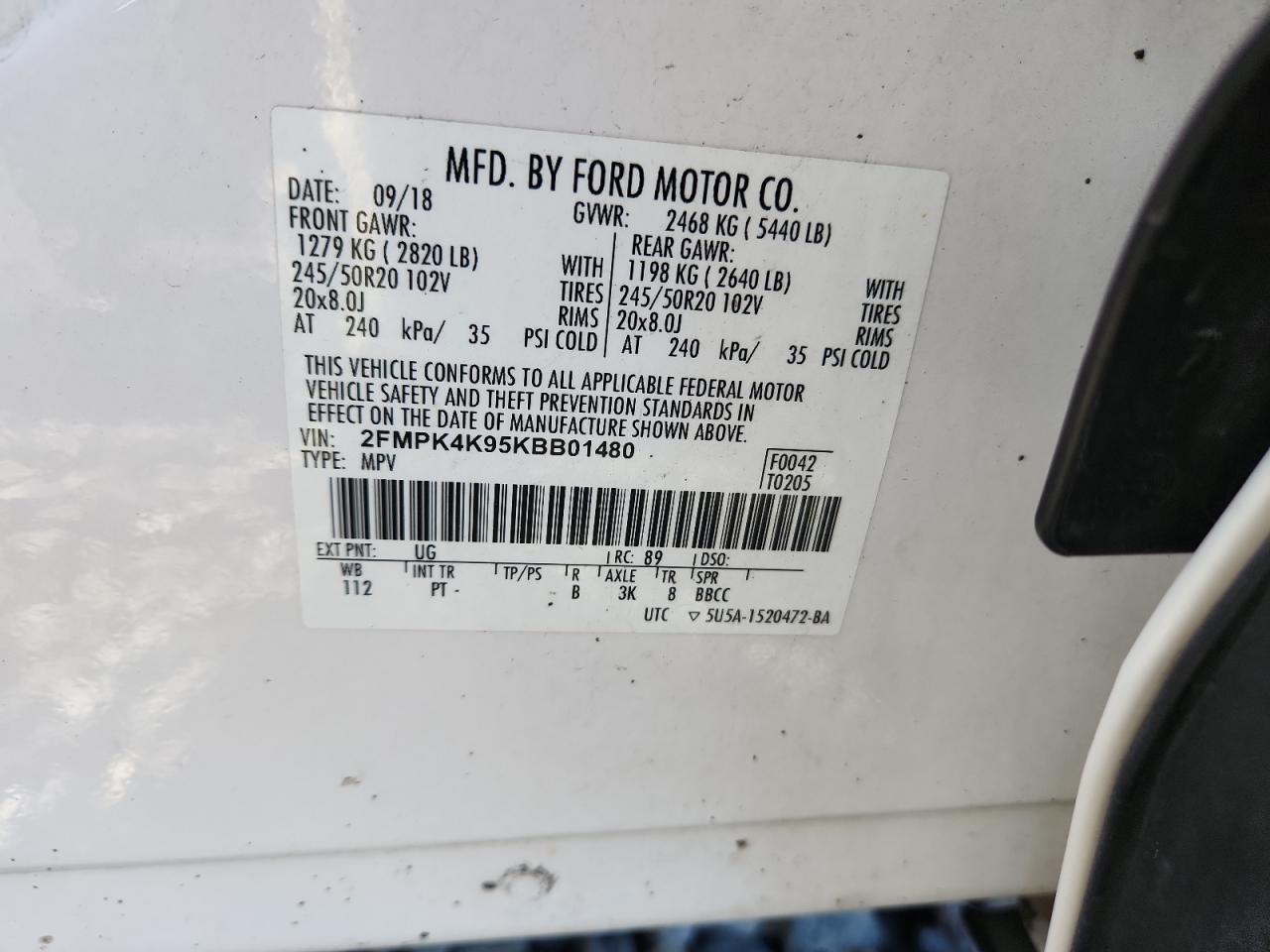 2019 Ford Edge Titanium VIN: 2FMPK4K95KBB01480 Lot: 87028615