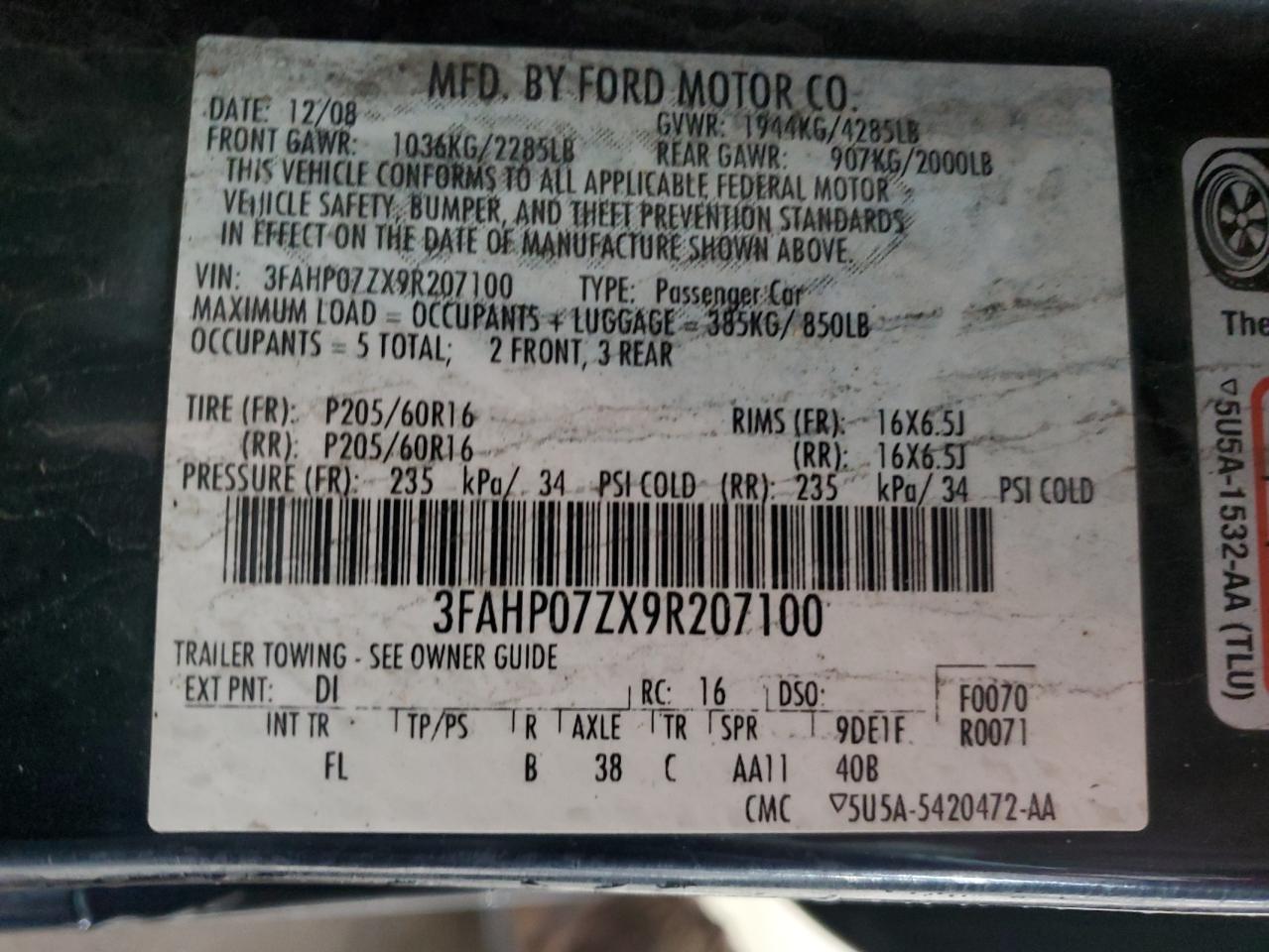 2009 Ford Fusion Se VIN: 3FAHP07ZX9R207100 Lot: 85179375