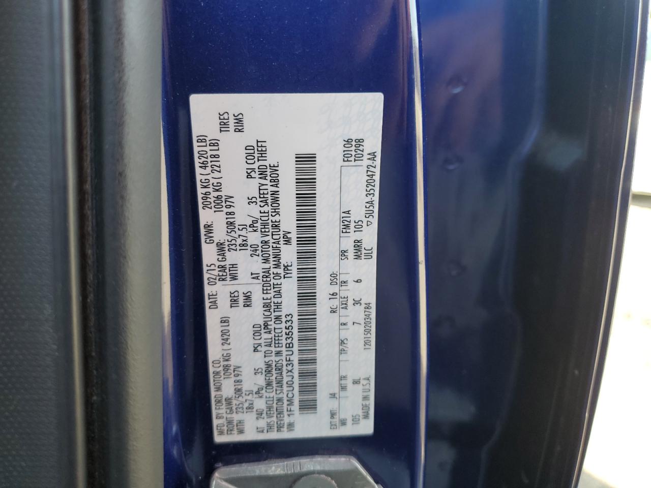 2015 Ford Escape Titanium VIN: 1FMCU0JX3FUB35533 Lot: 90986275