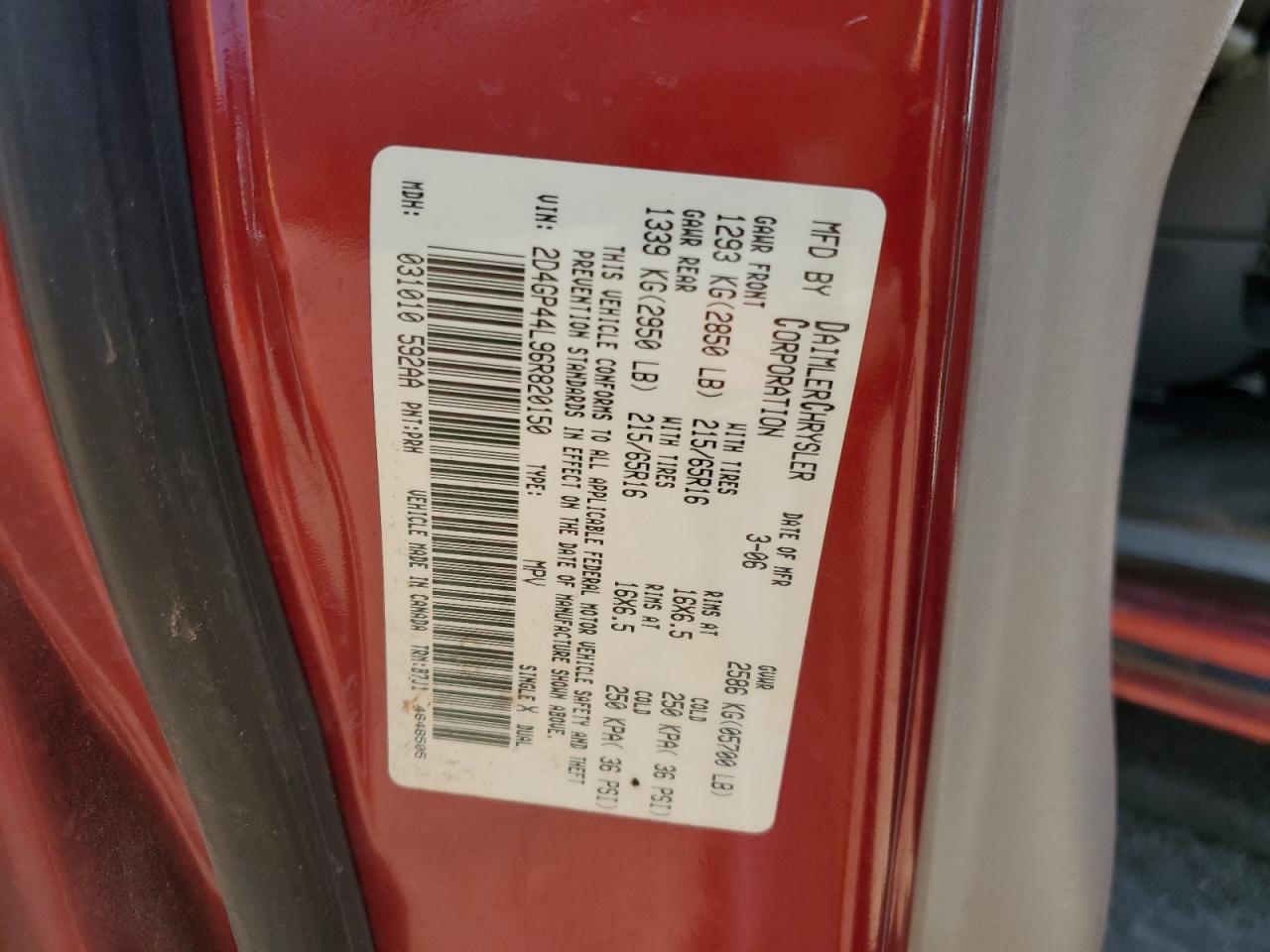 2006 Dodge Grand Caravan Sxt VIN: 2D4GP44L96R820150 Lot: 83796765