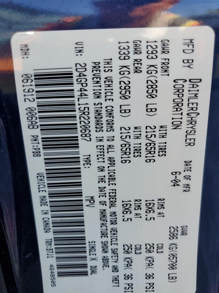 2005 Dodge Grand Caravan Sxt VIN: 2D4GP44L15R220687 Lot: 85276095