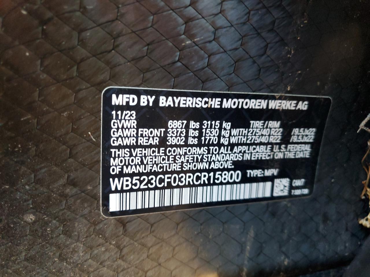 2024 BMW Ix xDrive50 VIN: WB523CF03RCR15800 Lot: 87241965