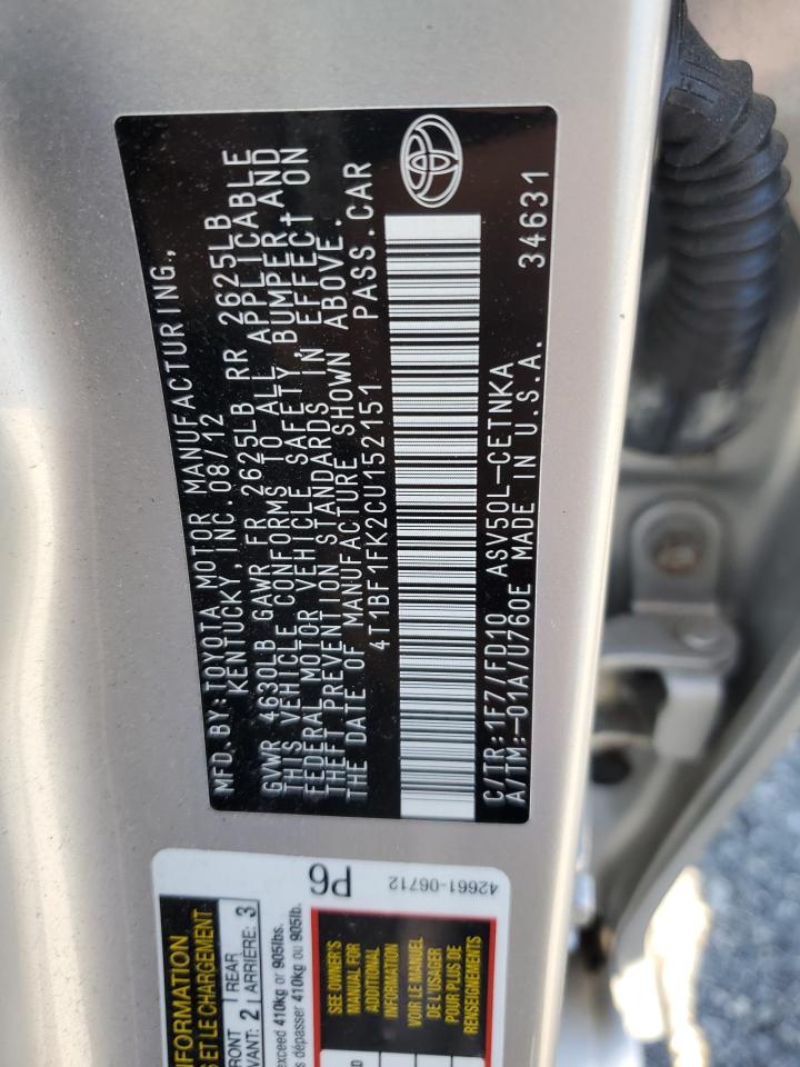 2012 Toyota Camry Base VIN: 4T1BF1FK2CU152151 Lot: 81981735