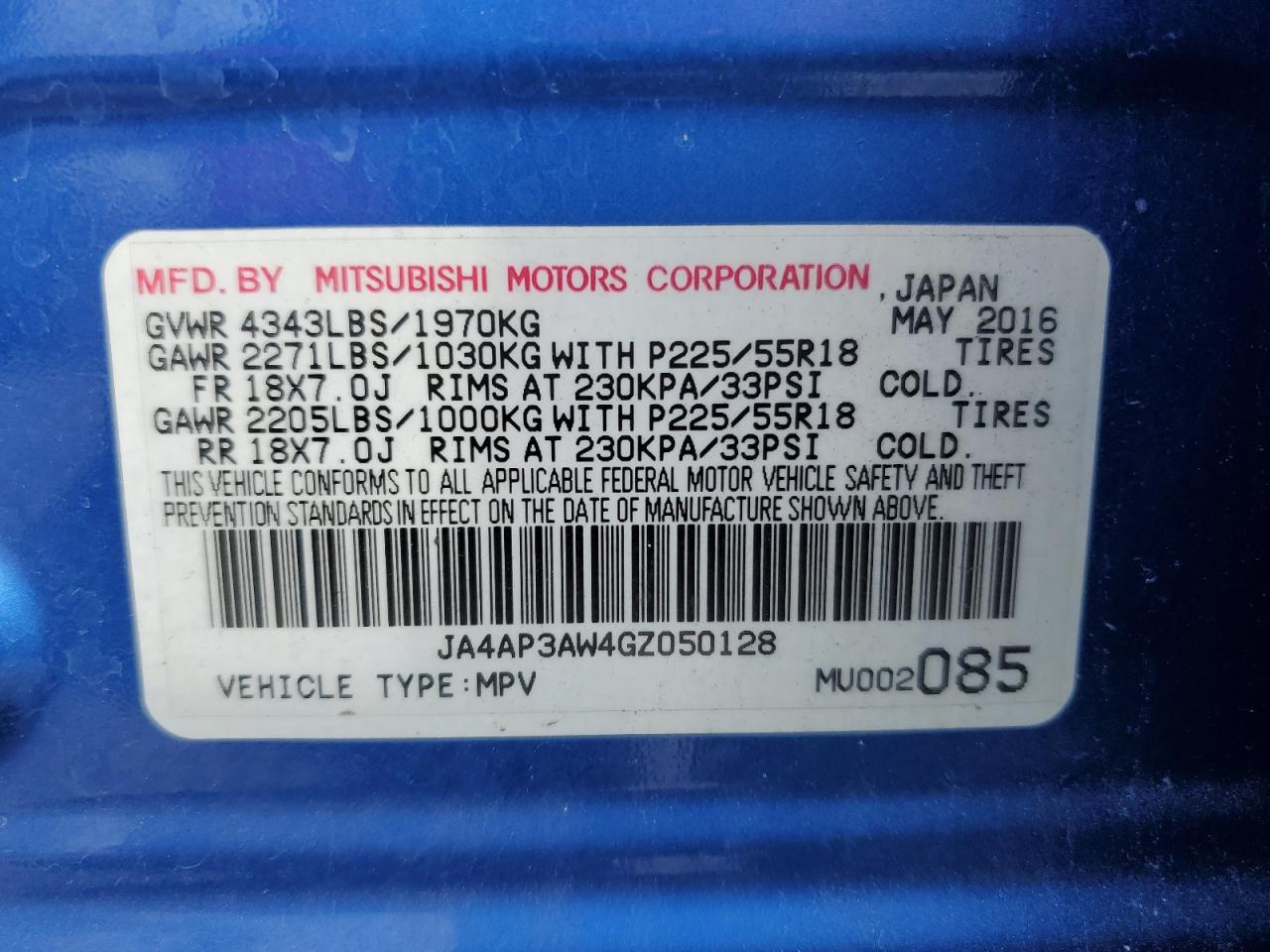 2016 Mitsubishi Outlander Sport Es VIN: JA4AP3AW4GZ050128 Lot: 82781435