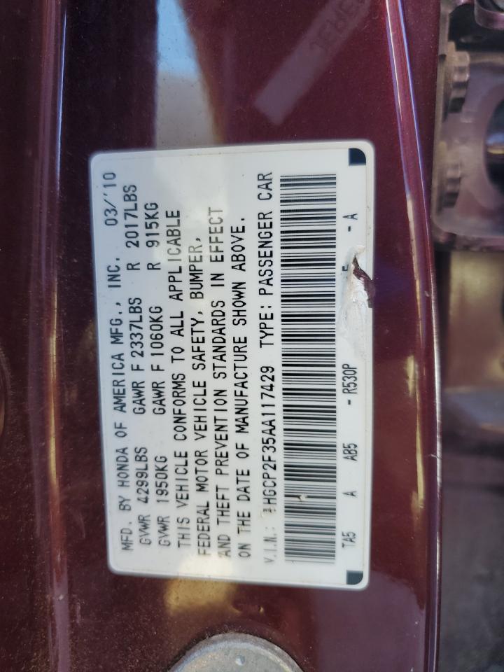 2010 Honda Accord Lx VIN: 1HGCP2F35AA117429 Lot: 82618245