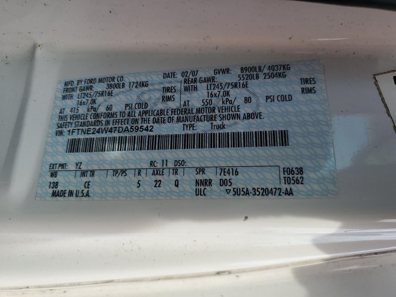 2007 Ford Econoline E250 Van VIN: 1FTNE24W47DA59542 Lot: 85645985