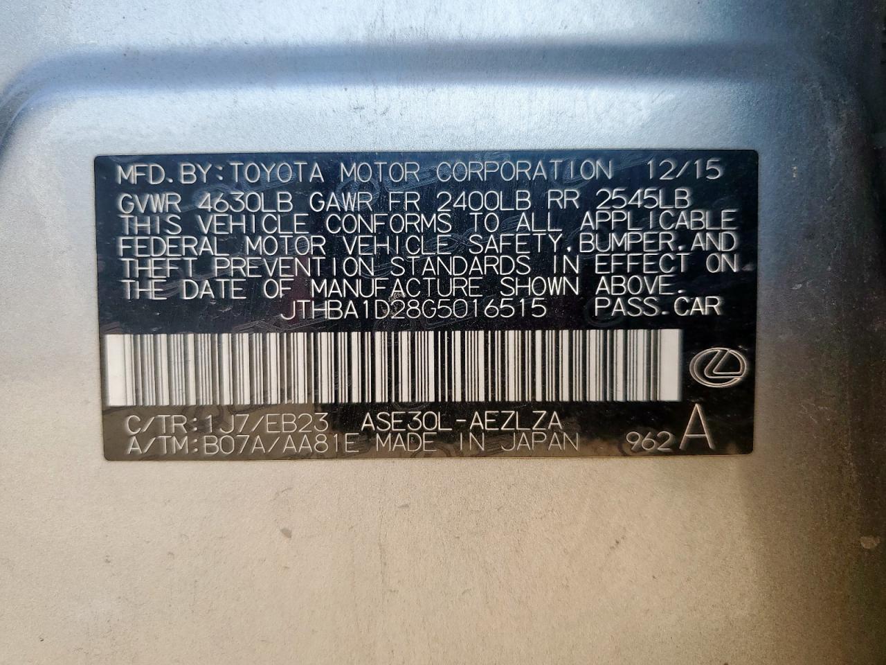 2016 Lexus Is 200T VIN: JTHBA1D28G5016515 Lot: 82338645