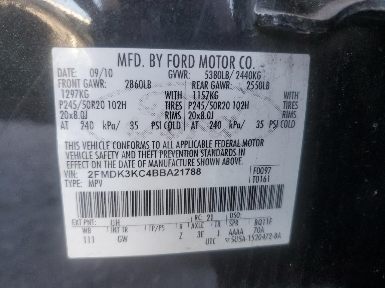 2011 Ford Edge Limited VIN: 2FMDK3KC4BBA21788 Lot: 81891455