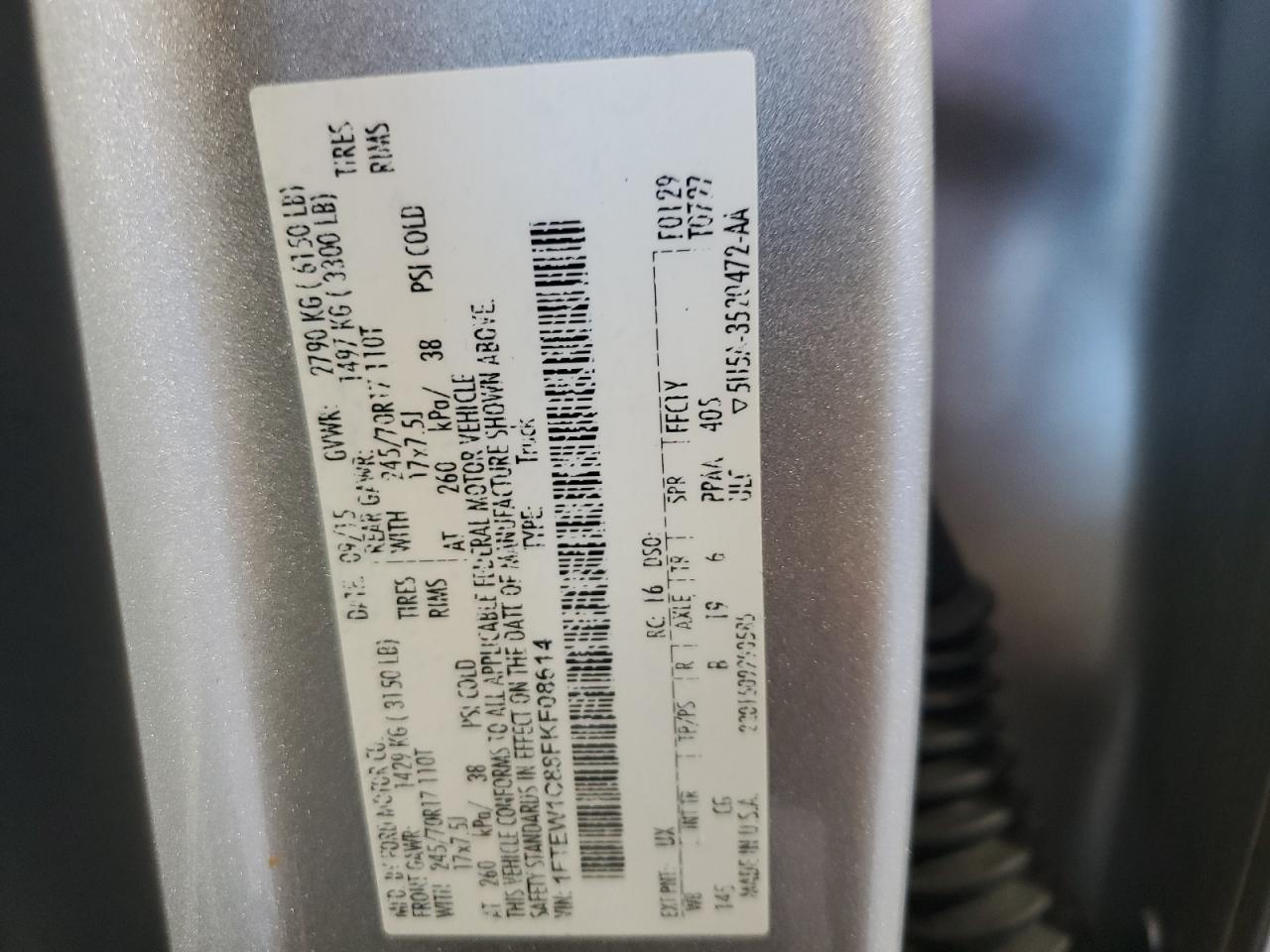 2015 Ford F150 Supercrew VIN: 1FTEW1C88FKF08614 Lot: 85844235