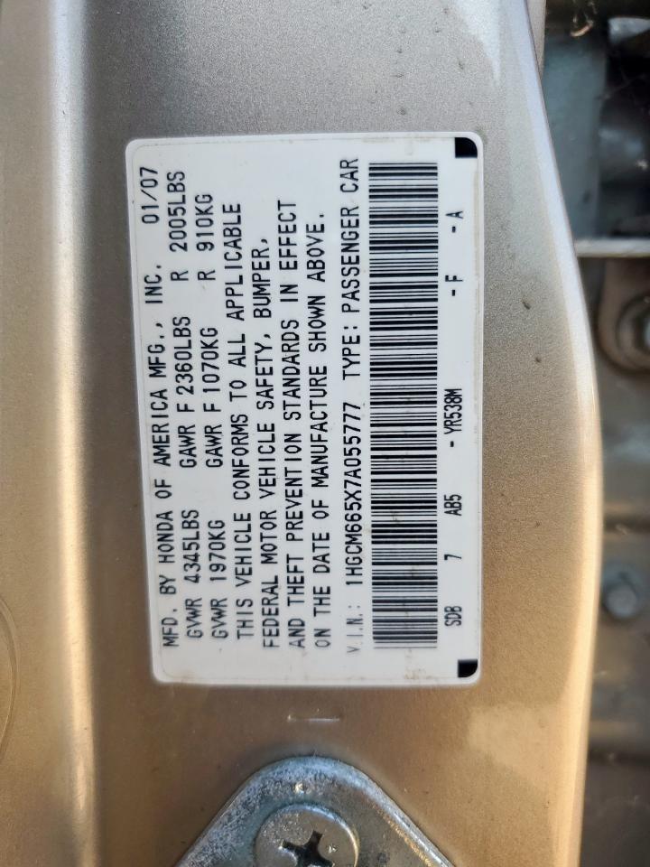 2007 Honda Accord Ex VIN: 1HGCM665X7A055777 Lot: 86133775