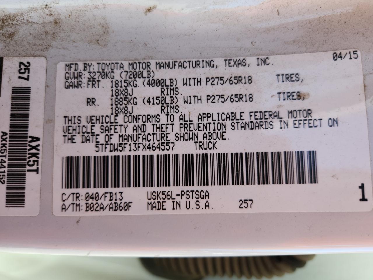 2015 Toyota Tundra Crewmax Sr5 VIN: 5TFDW5F13FX464557 Lot: 84481145