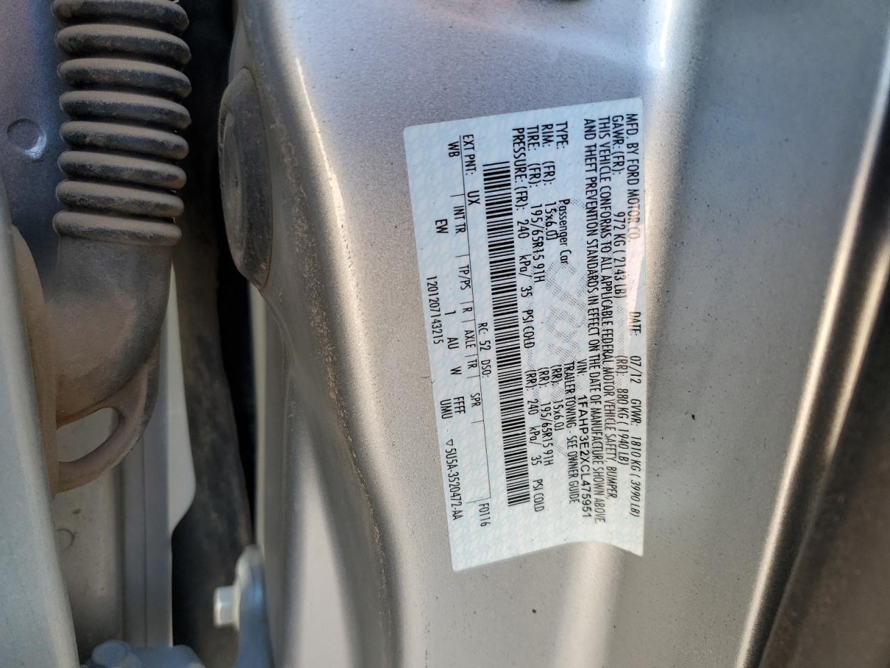 2012 Ford Focus S VIN: 1FAHP3E2XCL475951 Lot: 86269565