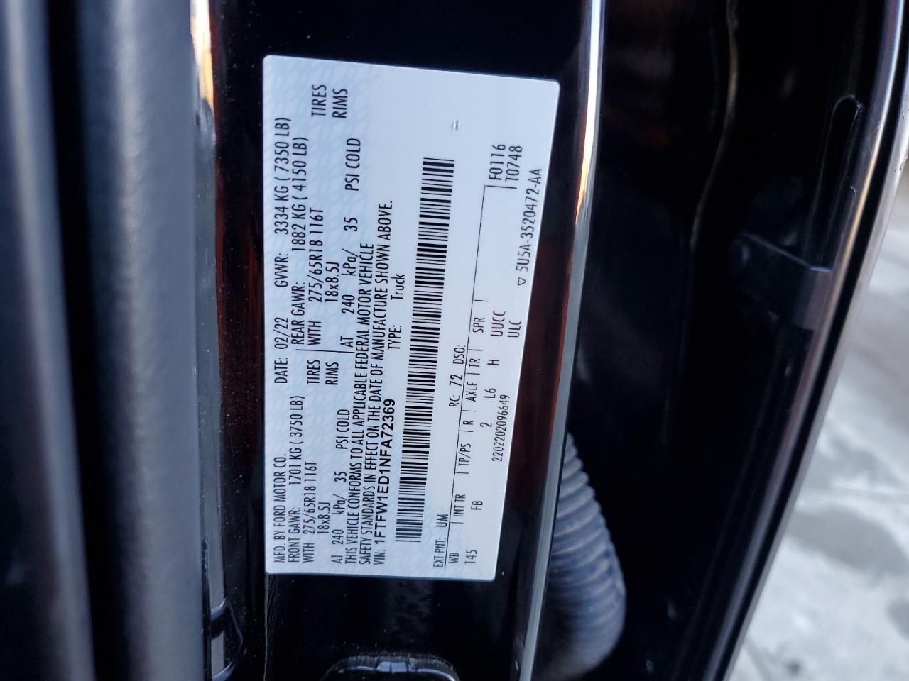 2022 Ford F150 Supercrew VIN: 1FTFW1ED1NFA72369 Lot: 82539945