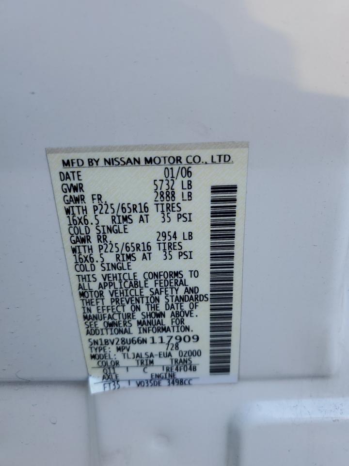 2006 Nissan Quest S VIN: 5N1BV28U66N117909 Lot: 86846945