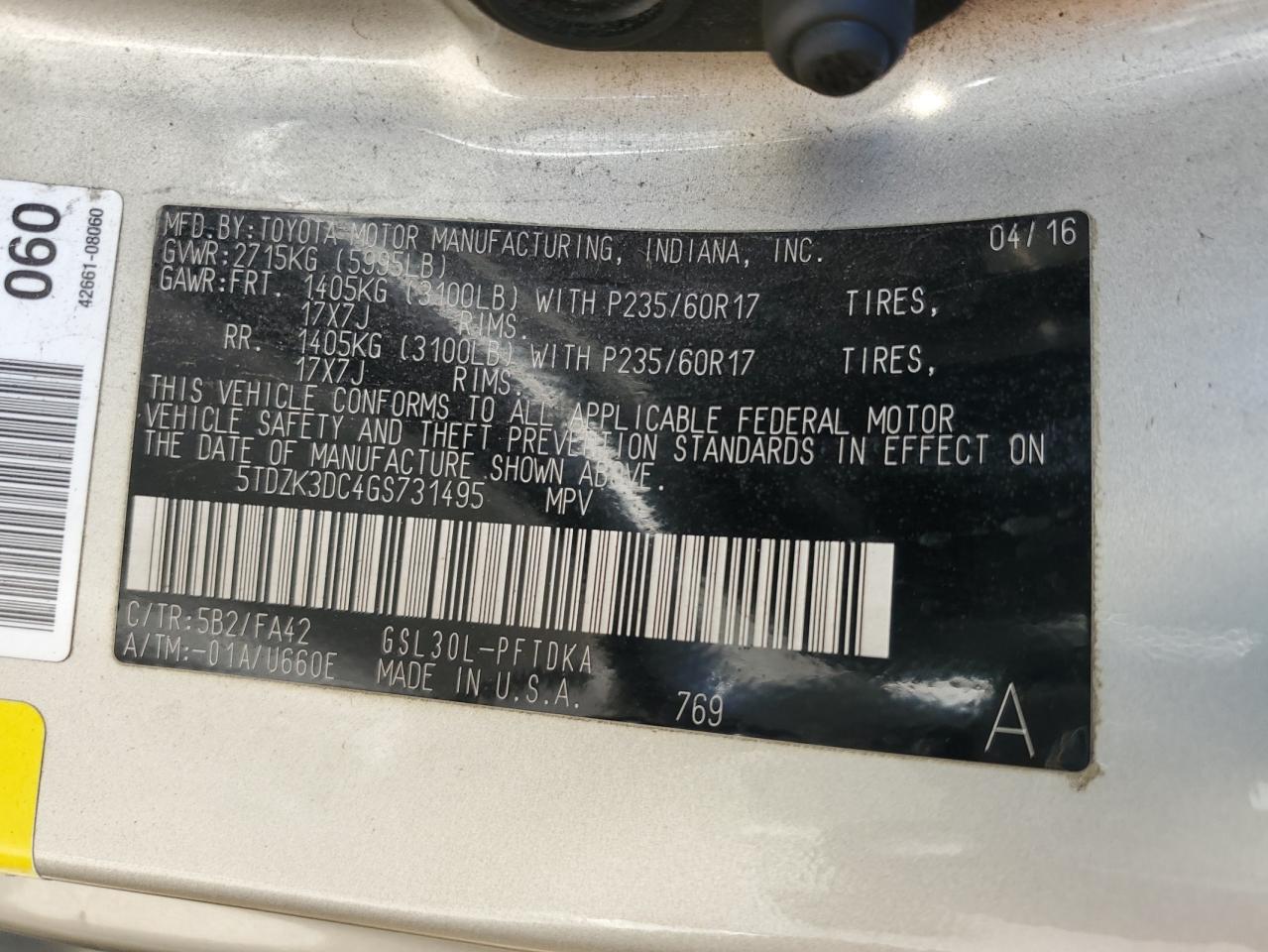 2016 Toyota Sienna VIN: 5TDZK3DC4GS731495 Lot: 85190785